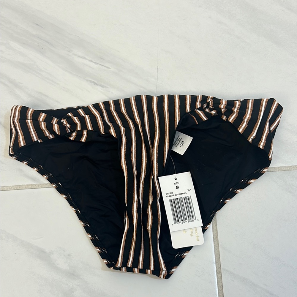 L Space La Jolla Striped Black and Brown Bikini Bottom-Medium